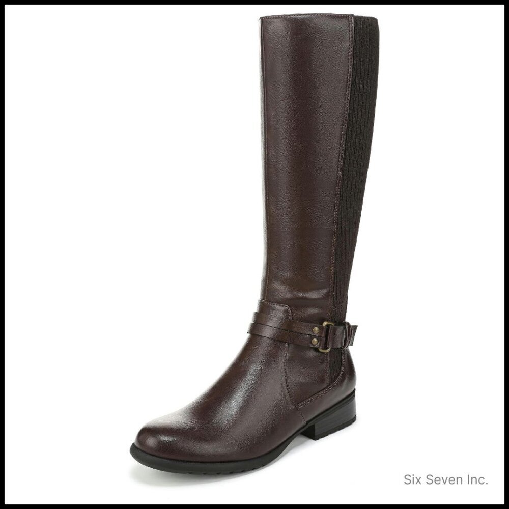 Knee-High Riding Boots Faux Leather Side Zip Stretch Knit Chic Classic